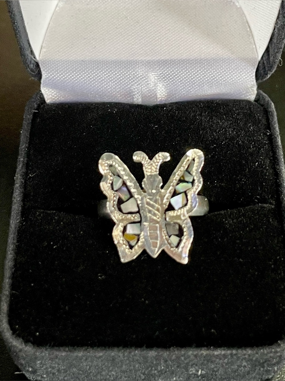 Vintage Mexican Silver GC01 Butterfly Inlay Ring 6.5